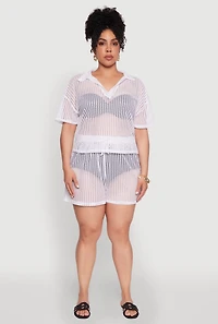 Womens Plus Size Laser Cut Collared Short Sleeve Top, White, Size 4X
