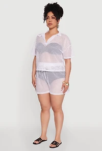 Womens Plus Size Laser Cut Collared Short Sleeve Top, White, Size 4X