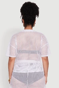 Womens Plus Size Laser Cut Collared Short Sleeve Top, White, Size 4X