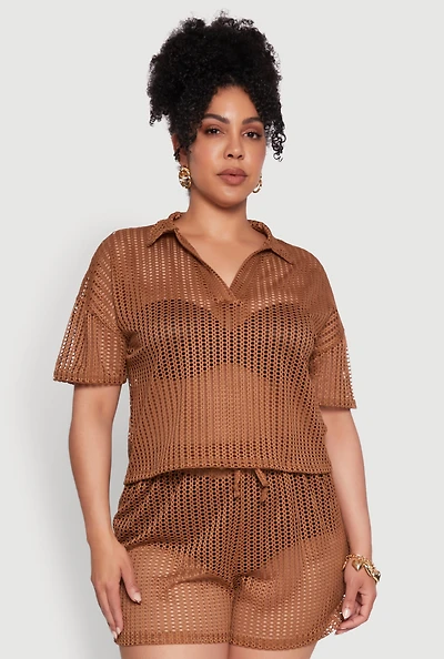 Womens Plus Size Laser Cut Collared Short Sleeve Top, Brown, Size 3X