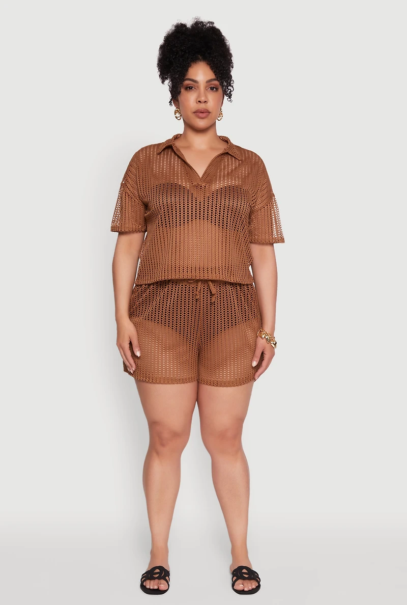 Womens Plus Size Laser Cut Collared Short Sleeve Top, Brown, Size 3X