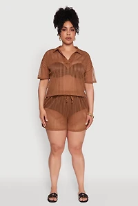 Womens Plus Size Laser Cut Collared Short Sleeve Top, Brown, Size 3X