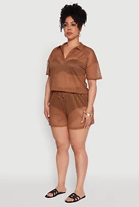 Womens Plus Size Laser Cut Collared Short Sleeve Top, Brown, Size 3X