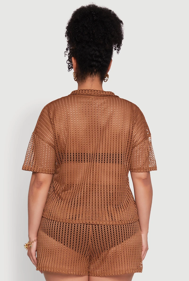 Womens Plus Size Laser Cut Collared Short Sleeve Top, Brown, Size 3X