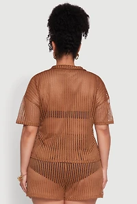 Womens Plus Size Laser Cut Collared Short Sleeve Top, Brown, Size 3X