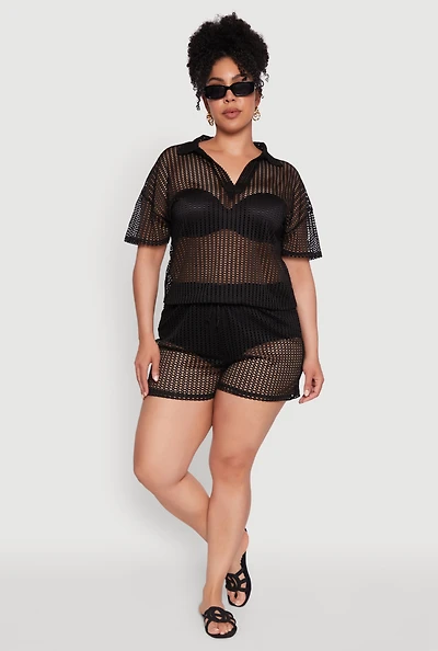 Womens Plus Laser Cut Shorts with Drawstring Waist, Black,