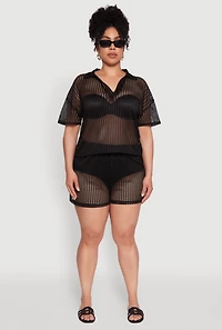 Womens Plus Laser Cut Shorts with Drawstring Waist, Black,