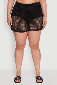 Womens Plus Laser Cut Shorts with Drawstring Waist, Black,