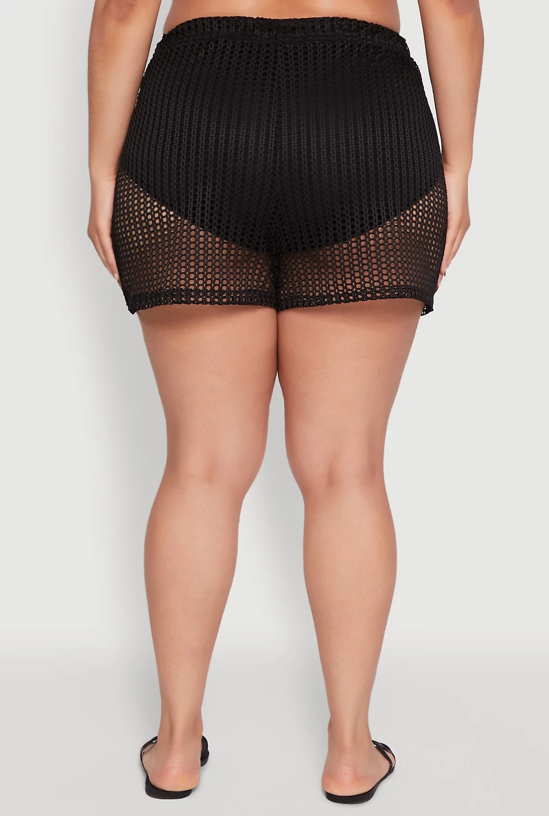 Womens Plus Laser Cut Shorts with Drawstring Waist,
