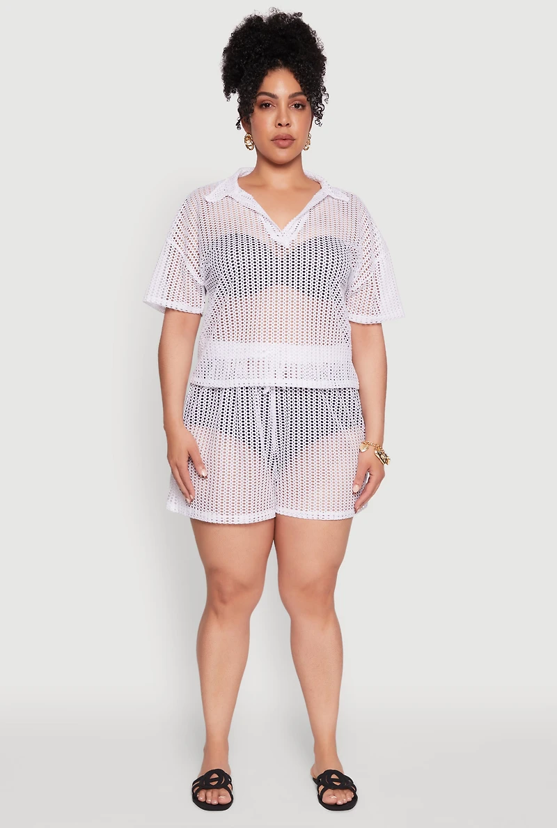 Womens Plus Size Laser Cut Shorts with Drawstring Waist, White, Size 3X