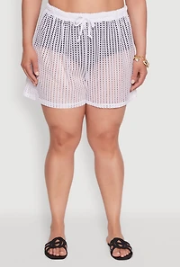 Womens Plus Size Laser Cut Shorts with Drawstring Waist, White, Size 1X
