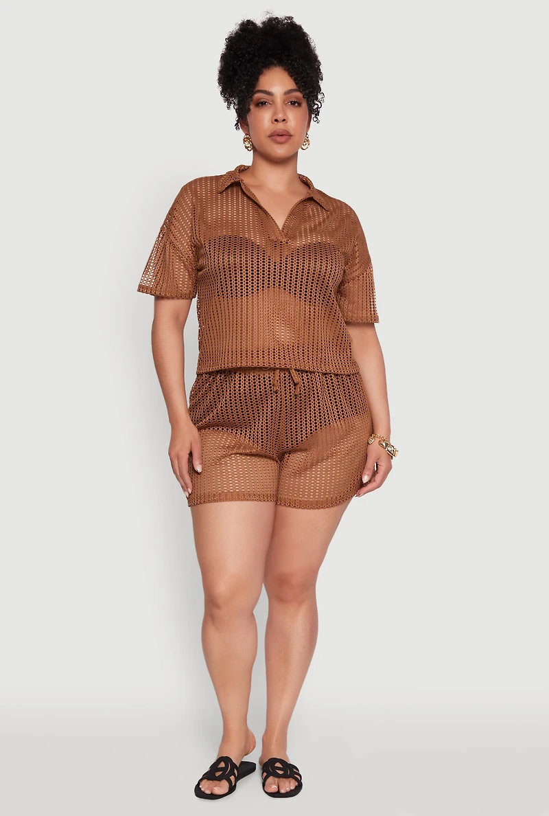 Womens Plus Size Laser Cut Shorts with Drawstring Waist, Brown, Size 4X