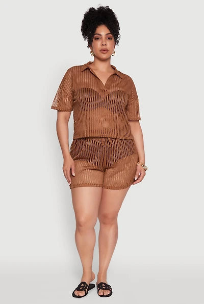 Womens Plus Size Laser Cut Shorts with Drawstring Waist, Brown, Size 4X