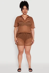 Womens Plus Size Laser Cut Shorts with Drawstring Waist, Brown, Size 4X