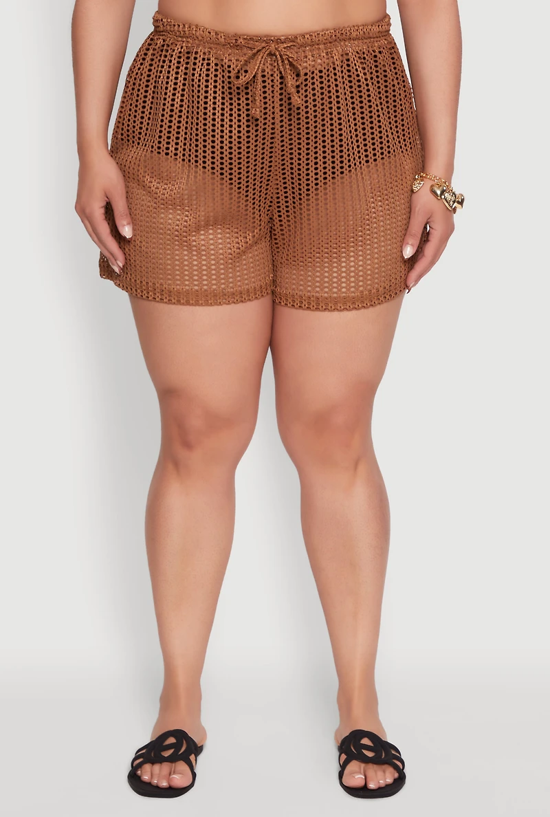 Womens Plus Size Laser Cut Shorts with Drawstring Waist, Brown, Size 4X