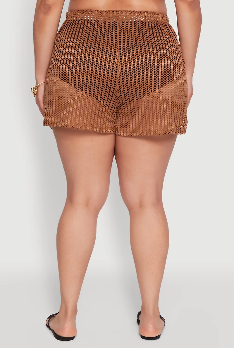 Womens Plus Size Laser Cut Shorts with Drawstring Waist, Brown, Size 4X