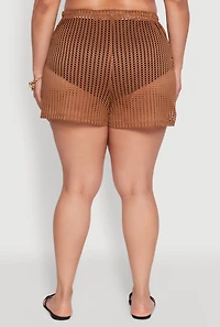 Womens Plus Size Laser Cut Shorts with Drawstring Waist, Brown, Size 1X