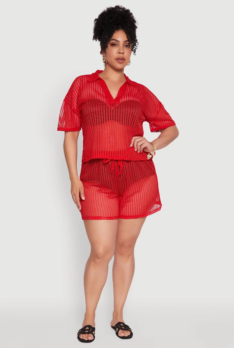 Womens Plus Size Laser Cut Shorts with Drawstring Waist, Red, Size 3X