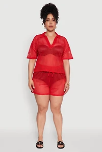 Womens Plus Size Laser Cut Shorts with Drawstring Waist, Red, Size 3X