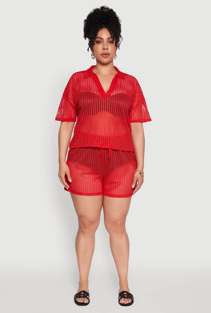 Womens Plus Size Laser Cut Shorts with Drawstring Waist, Red, Size 4X