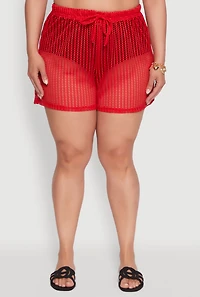 Womens Plus Size Laser Cut Shorts with Drawstring Waist, Red, Size 3X