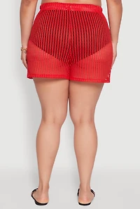 Womens Plus Size Laser Cut Shorts with Drawstring Waist, Red, Size 3X