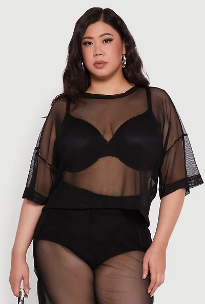 Womens Plus Trendy Mesh Crew Neck Short Sleeve Top, 4X