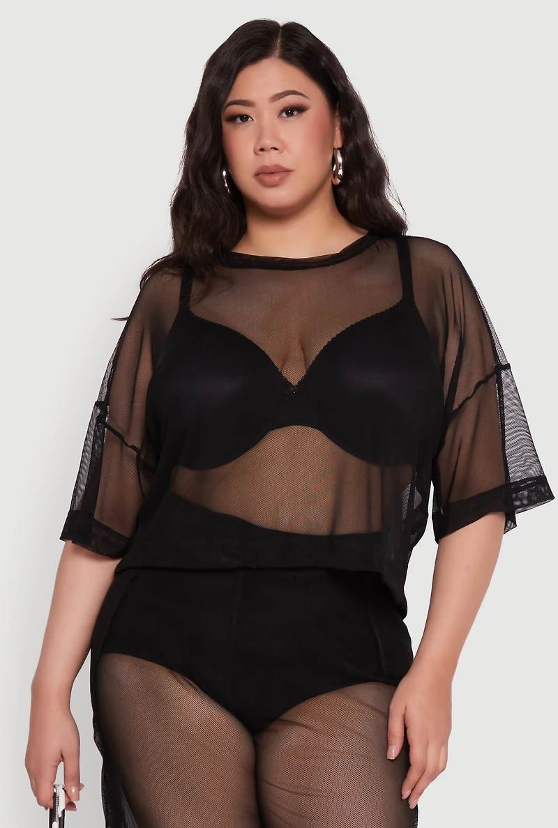 Womens Plus Size Trendy Mesh Crew Neck Short Sleeve Top, Black, Size 3X