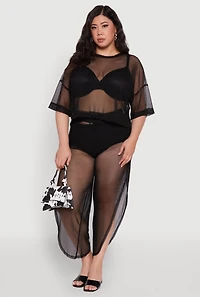 Womens Plus Trendy Mesh Crew Neck Short Sleeve Top, Black,