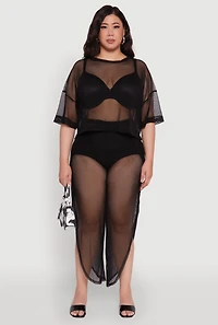 Womens Plus Size Trendy Mesh Crew Neck Short Sleeve Top, Black, Size 3X