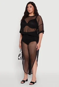 Womens Plus Size Trendy Mesh Crew Neck Short Sleeve Top, Black, Size 3X
