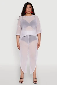 Womens Plus Size Trendy Mesh Crew Neck Short Sleeve Top, White, Size 1X