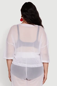 Womens Plus Size Trendy Mesh Crew Neck Short Sleeve Top, White, Size 1X