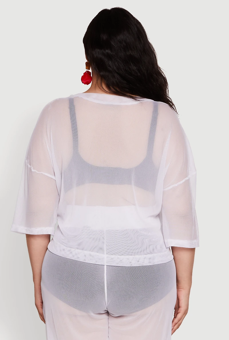 Plus Trendy Mesh Crew Neck Short Sleeve Top