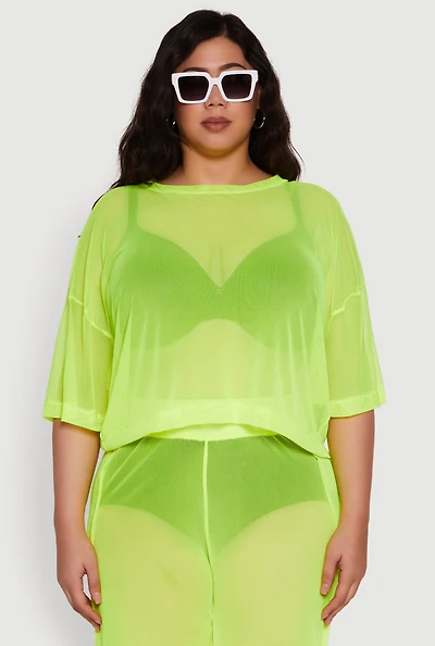Womens Plus Trendy Mesh Crew Neck Short Sleeve Top,