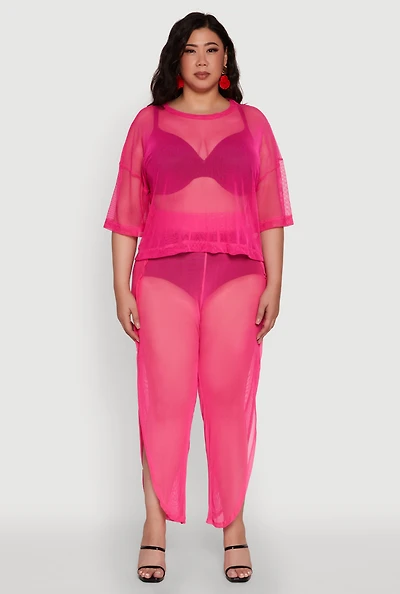 Womens Plus Trendy Mesh Crew Neck Short Sleeve Top, Pink,