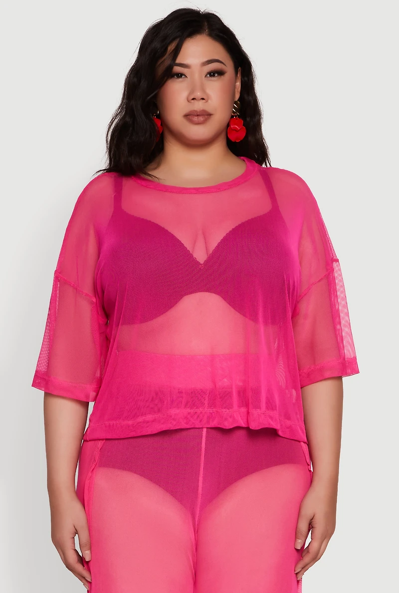Womens Plus Size Trendy Mesh Crew Neck Short Sleeve Top, Pink, Size 1X