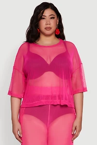 Womens Plus Size Trendy Mesh Crew Neck Short Sleeve Top, Pink, Size 1X