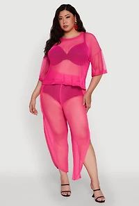 Womens Plus Size Trendy Mesh Crew Neck Short Sleeve Top, Pink, Size 1X