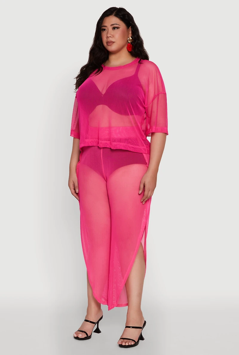 Womens Plus Size Trendy Mesh Crew Neck Short Sleeve Top, Pink, Size 1X