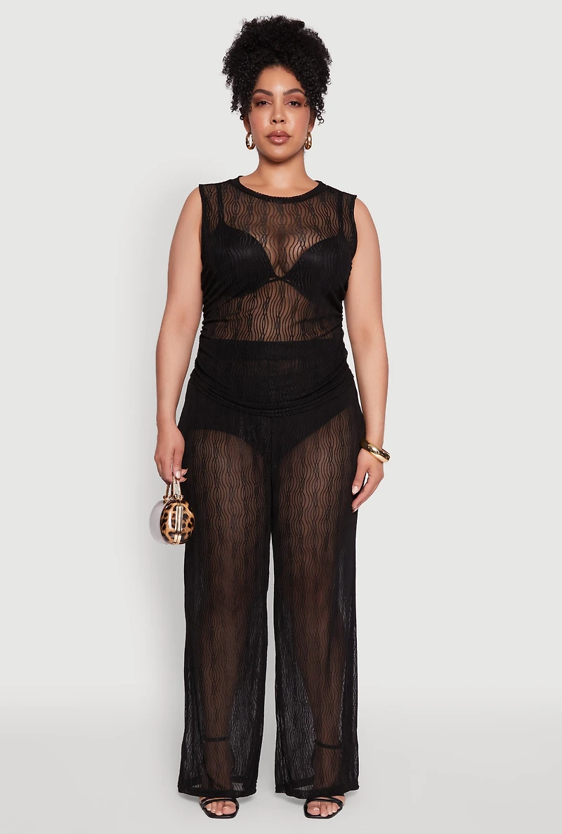 Plus Trendy Wavy Stripe Mesh Sleeveless Top