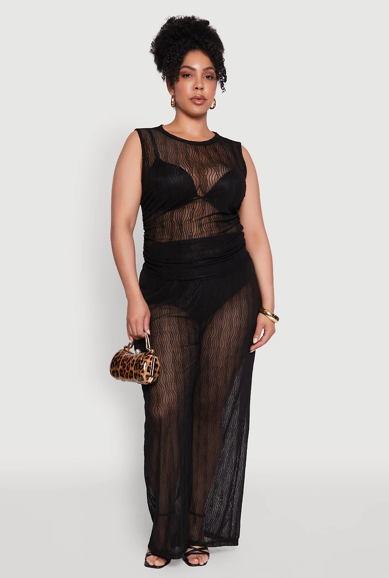 Plus Trendy Wavy Stripe Mesh Sleeveless Top