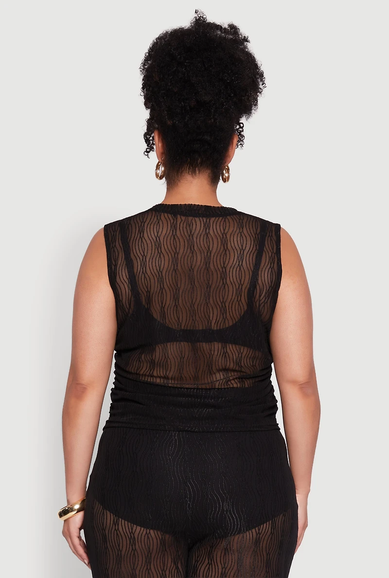 Womens Plus Trendy Wavy Stripe Mesh Sleeveless Top,