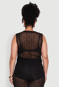 Womens Plus Trendy Wavy Stripe Mesh Sleeveless Top,