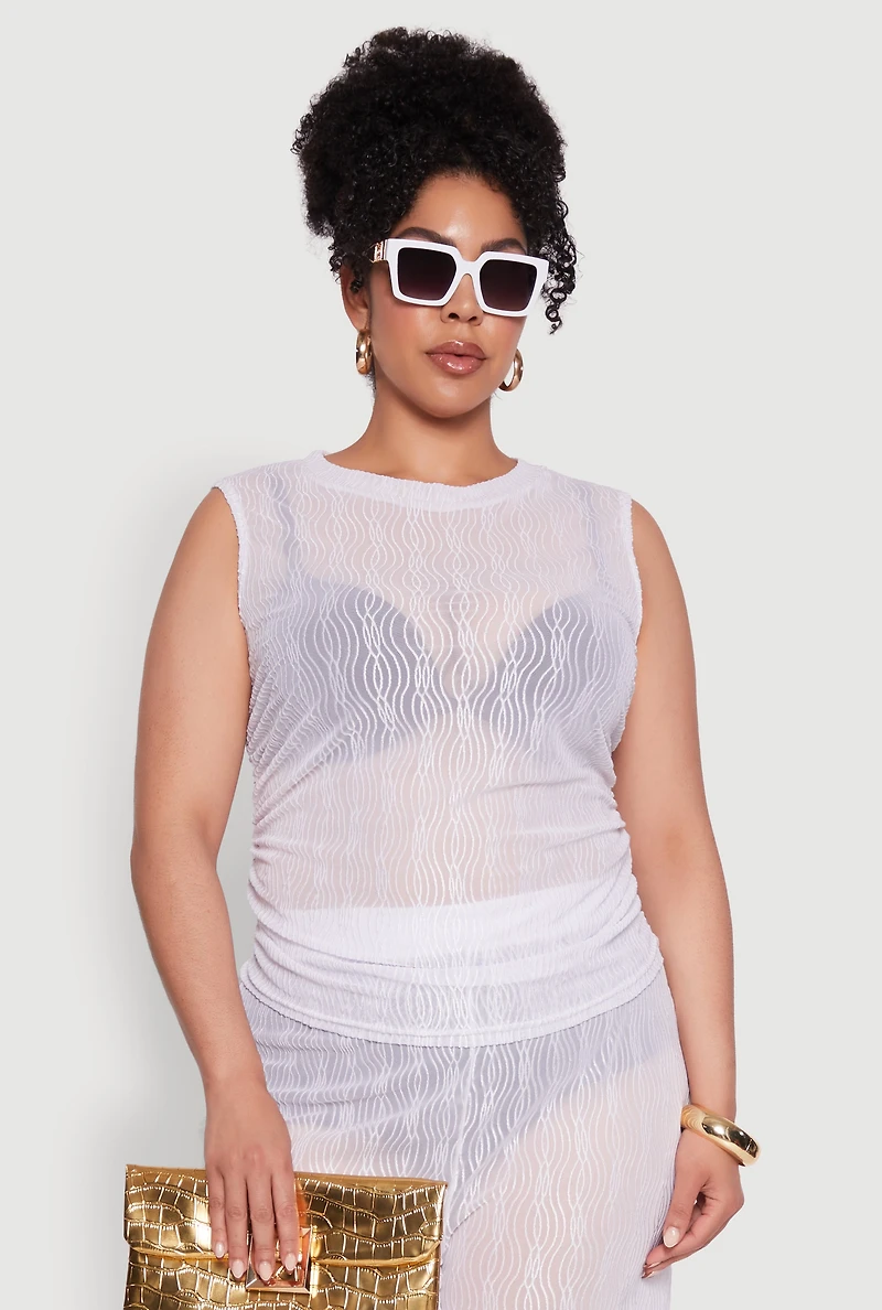 Plus Trendy Wavy Stripe Mesh Sleeveless Top