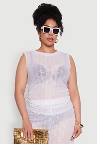 Plus Trendy Wavy Stripe Mesh Sleeveless Top