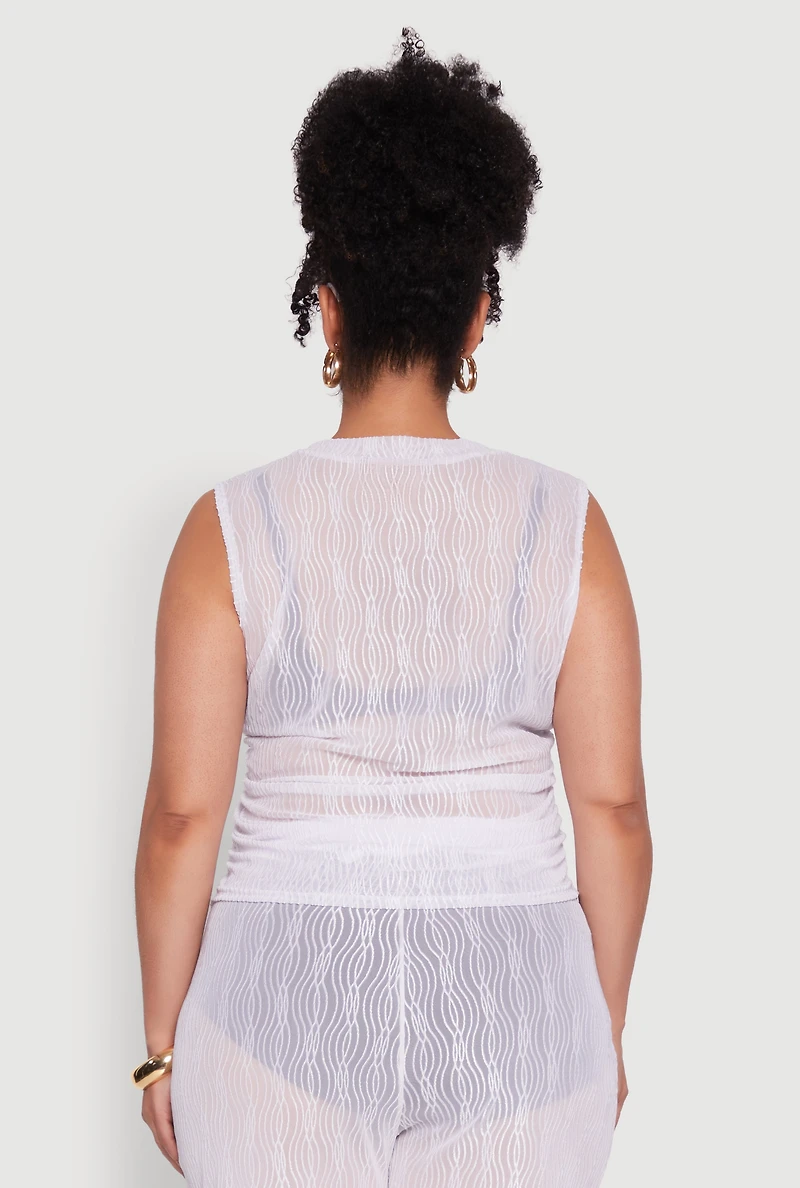 Plus Trendy Wavy Stripe Mesh Sleeveless Top