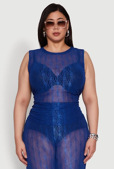 Womens Plus Trendy Wavy Stripe Mesh Sleeveless Top,