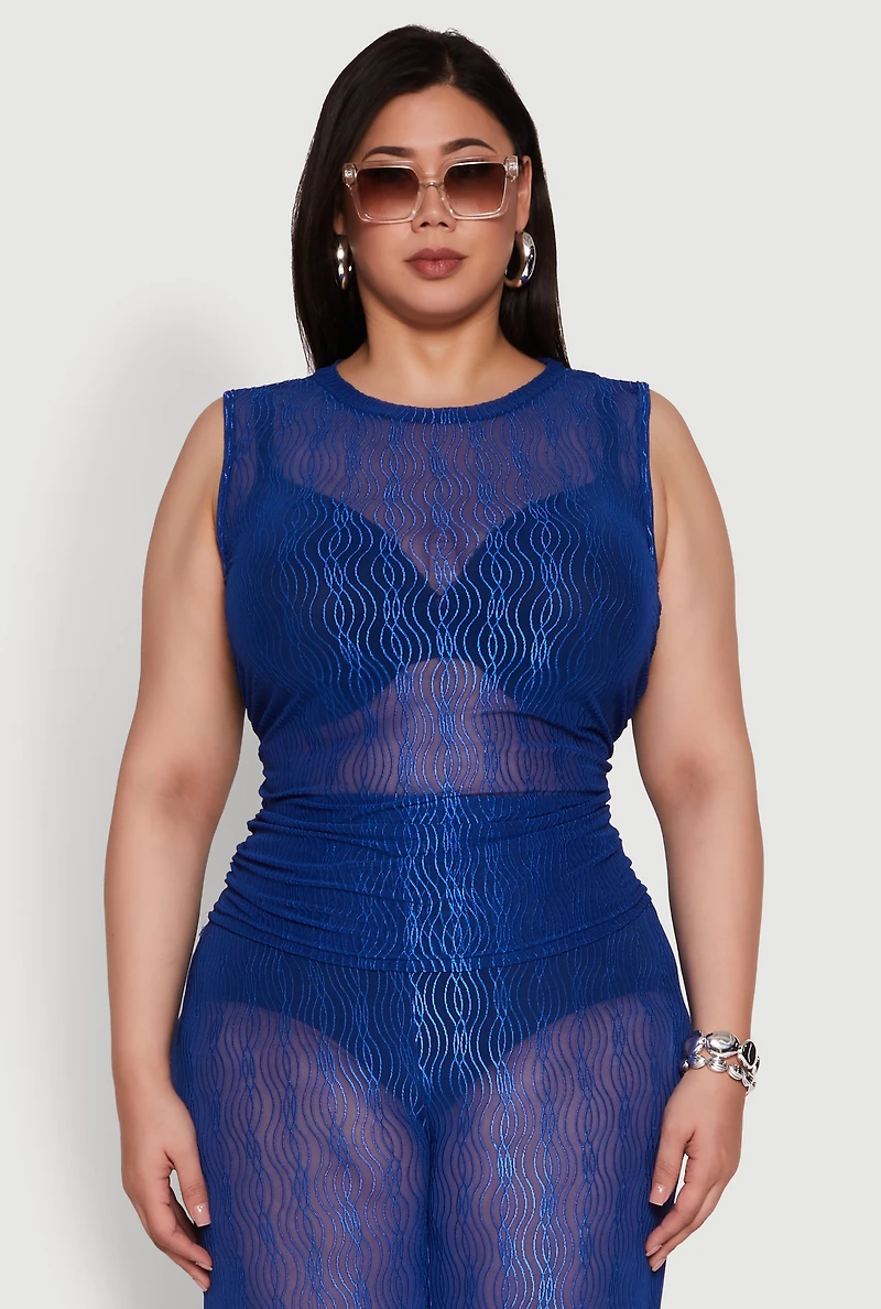 Plus Trendy Wavy Stripe Mesh Sleeveless Top
