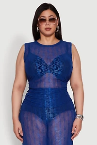 Plus Trendy Wavy Stripe Mesh Sleeveless Top